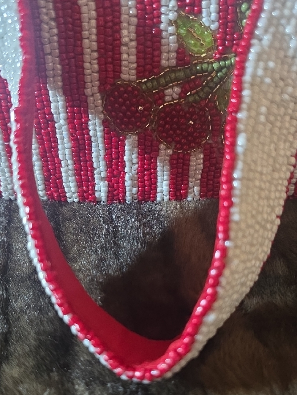 NWT STUDIO TAG SM. Red & White Striped Beaded Cherry SHOULDER BAG. - Picture 7 of 10